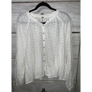 Free People Flowy Floral Eyelet Sheer Cropped Button-Up Blouse - Small